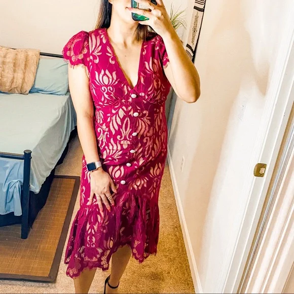 Foxiedox Dresses | Foxiedox Maroon Lace Midi Mermaid Cut Dress | Color: Red/Tan | Size: M | Savvyyykats's Closet